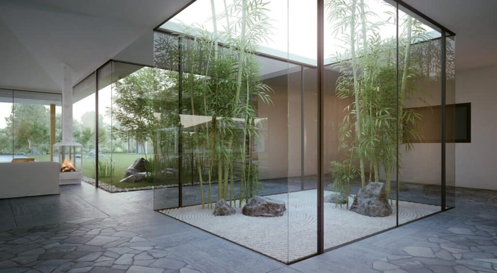Yoga Studio Interior Design in Dark Tones, Japanese Zen Style