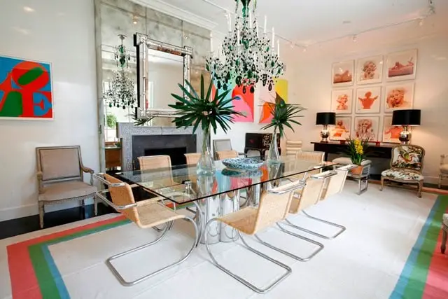 eclectic rug in a dining room