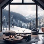 Mountain living room with fireplace and woodland view