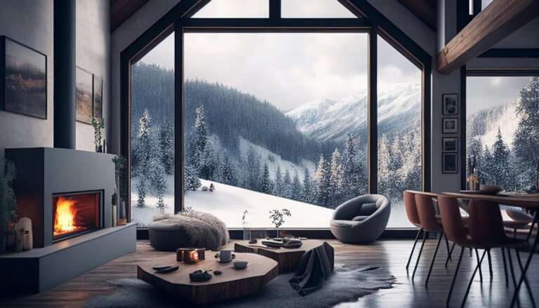 Mountain living room with fireplace and woodland view