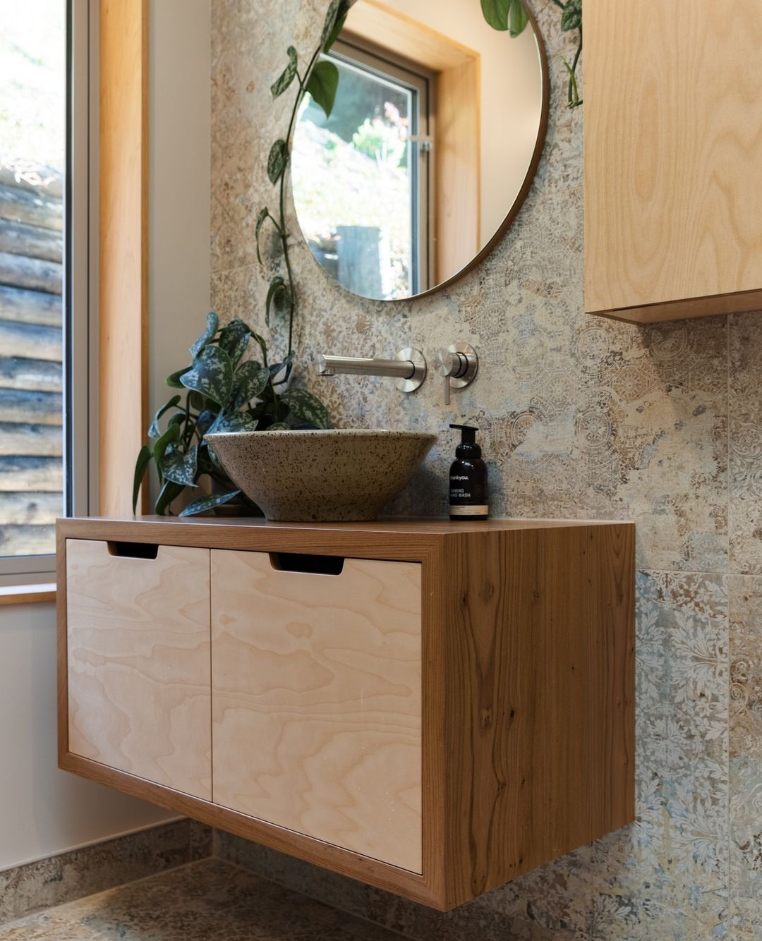 plywood cabinet in a bathroom