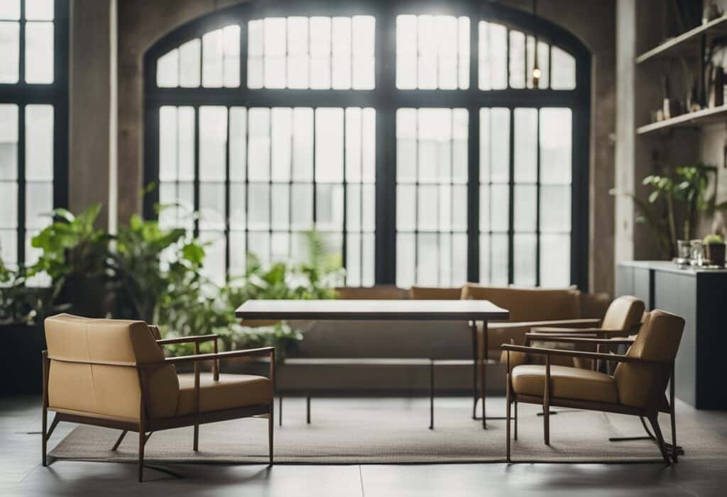 seating area with leather arm chairs in wabi sabi style