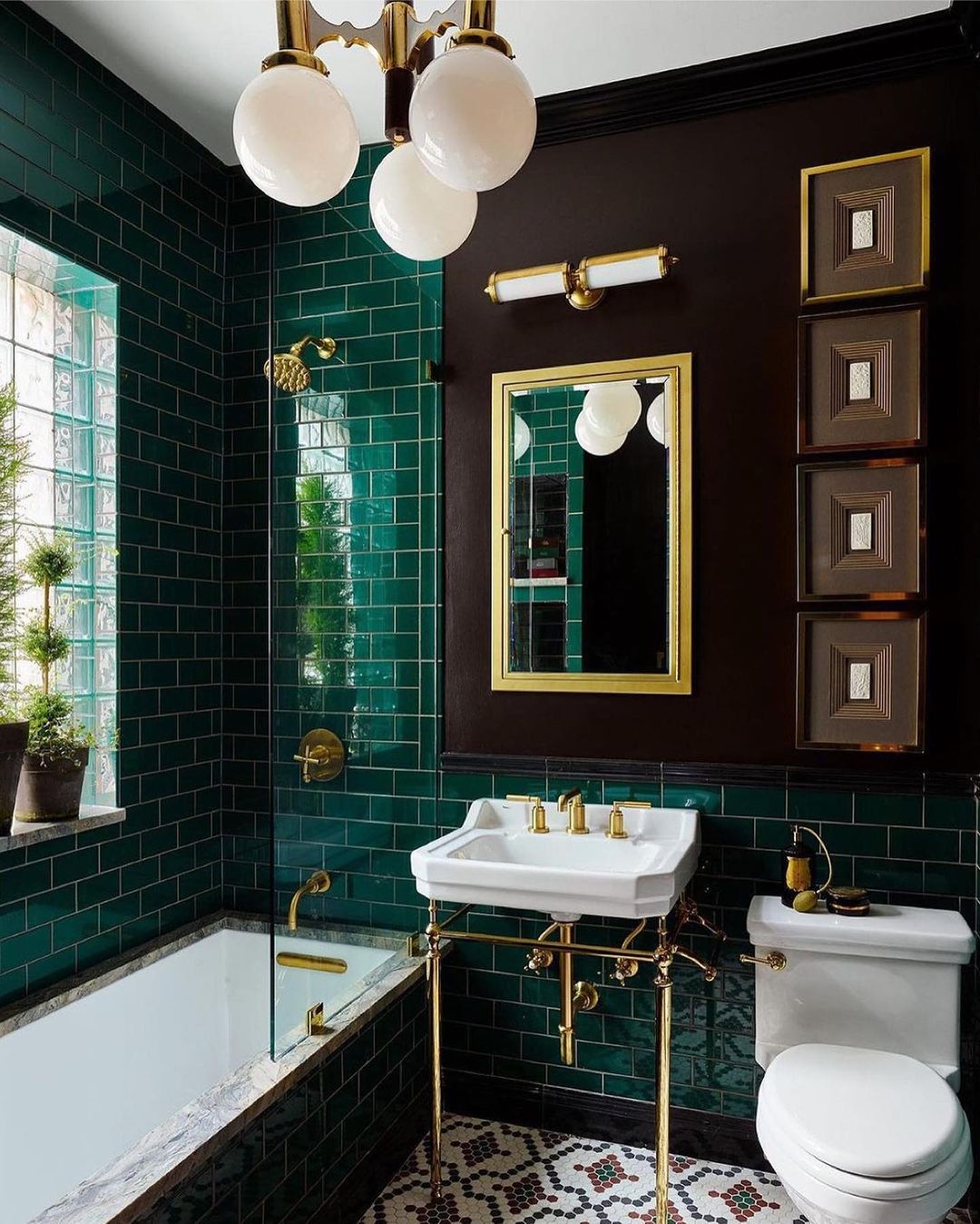 mid-century modern bathroom golden accents