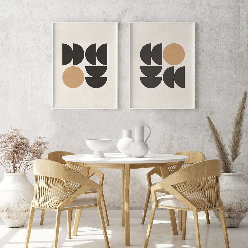 mid century modern dining table with art pieces