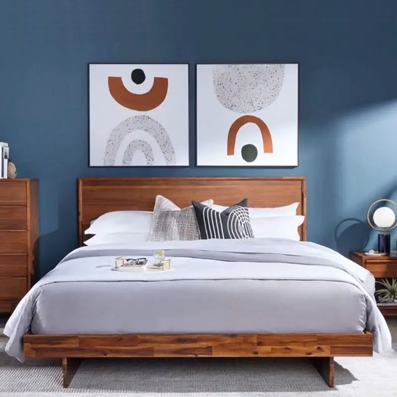 mid century modern bedroom with blue color scheme