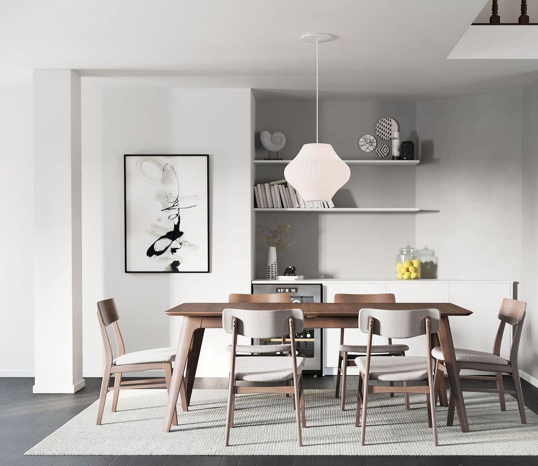 mid century modern dining area with neutral colors