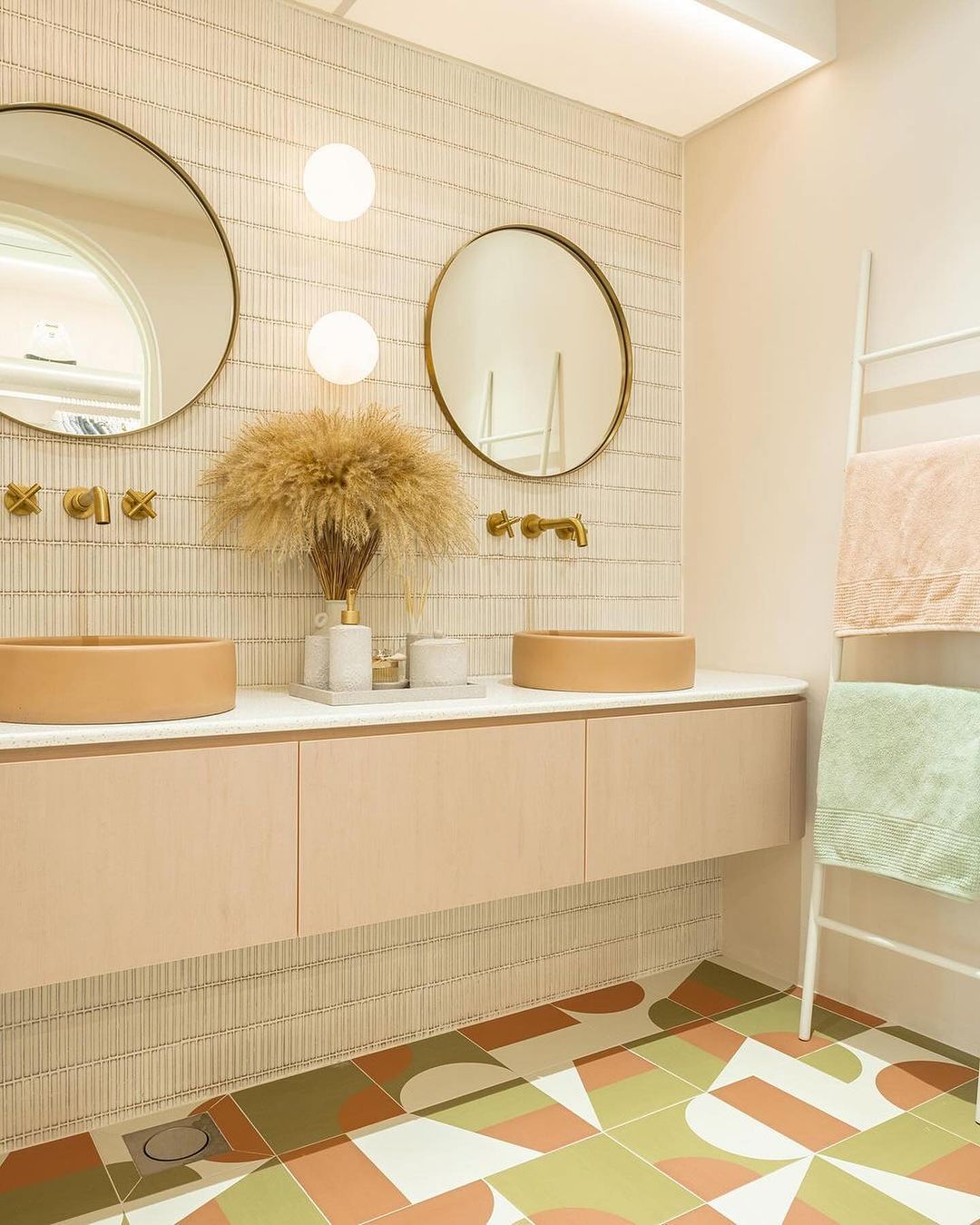 mid-century modern bathroom colorful patterned floor