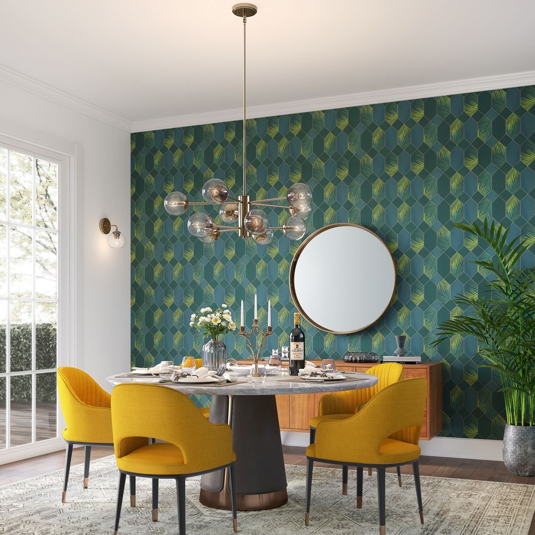 mid century modern dining room with yellow arm chairs